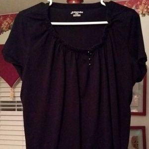 St. Johns Bay Black Summer Shirt with elastic ruffled collar and 4 front buttons